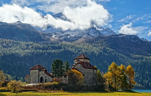 Autumn, mountains, lake, castle, Switzerland, St. Moritz
