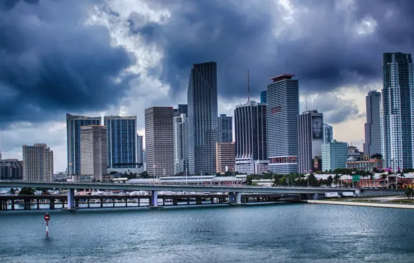 Clouds, river, home, Miami, skyscrapers, USA, bridges, promenade