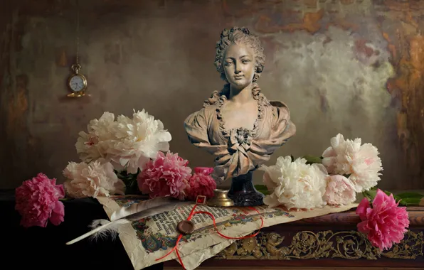 Picture flowers, paper, pen, watch, leaves, sculpture, bust, peonies