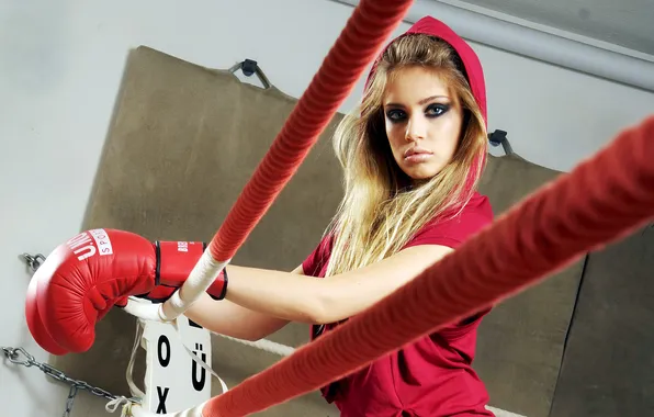 Girl, model, blonde, Boxing, gloves, the ring, ropes, model