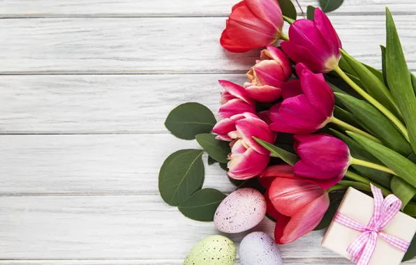 Picture flowers, eggs, spring, colorful, Easter, tulips, happy, wood