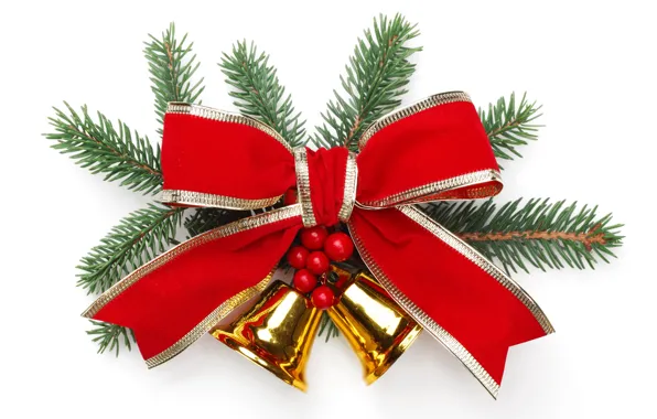 Picture decoration, branches, red, holiday, new year, white background, gold plated, bells