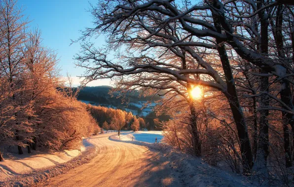 Winter, road, forest, the sky, the sun, snow, trees, nature