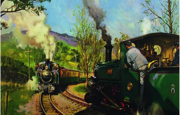 Oil, picture, canvas, the artist Terence Cuneo, «THE PASS TRACK, WALES», FFESTINIOG RAILWAY