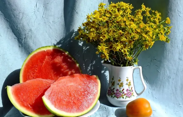 Watermelon, vase, flowers