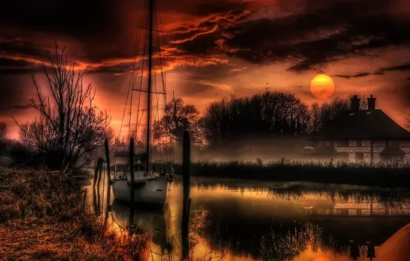Landscape, nature, house, river, the moon, the evening, yacht, hdr