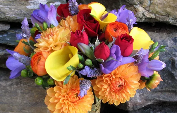 Stones, roses, Calla lilies, dahlias