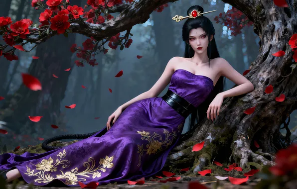 Girl, forest, dress, brunette, asian, ai art