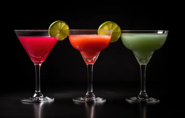 Glasses, cocktail, lime, black background, trio, different, cocktails, digital art