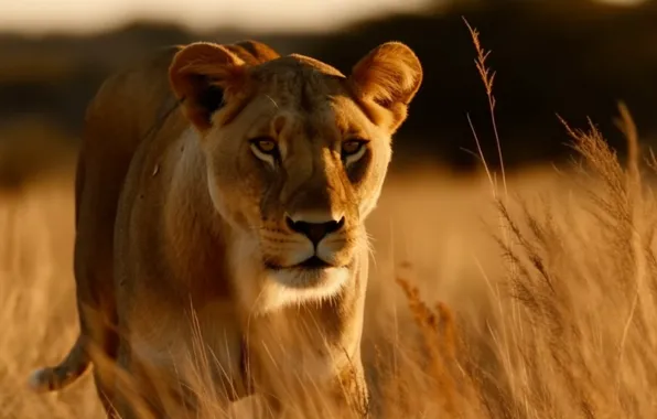 Grass, Look, Lioness, Africa, Savannah, Front, Digital art, Big cat