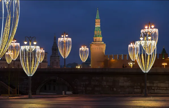 Lights, Moscow, The Kremlin, Russia, night city, garland, Moskvoretskaya tower