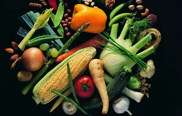 Corn, nuts, vegetables, celery, asparagus