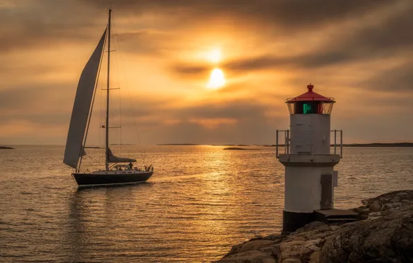 Sea, sunset, lighthouse, yacht, Sweden, Timret