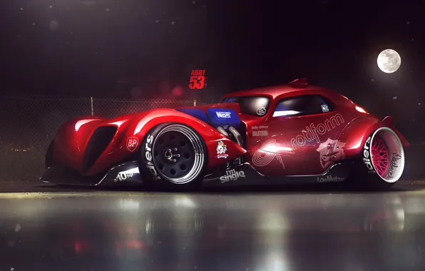 Red, Auto, Night, The moon, Tuning, Bugatti, Moon, Car