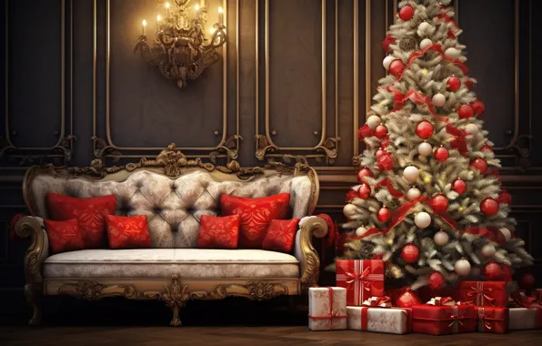 Picture decoration, sofa, balls, tree, New Year, Christmas, gifts, new year