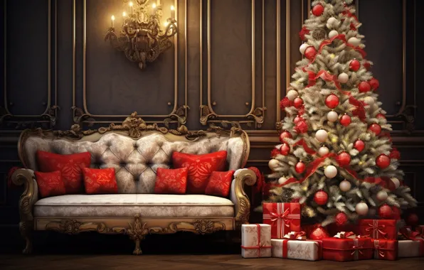 Decoration, sofa, balls, tree, New Year, Christmas, gifts, new year