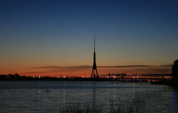 Picture sunset, bridge, river, beautiful, Riga, Daugava