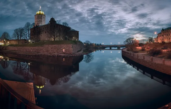 Picture landscape, bridge, castle, Bay, twilight, Vyborg, Alexander Strelchuk