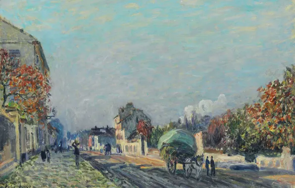 Trees, landscape, the city, home, picture, wagon, Alfred Sisley, Street in Marly