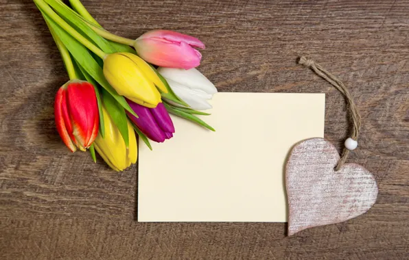 Picture romance, heart, bouquet, colorful, tulips, love, heart, wood