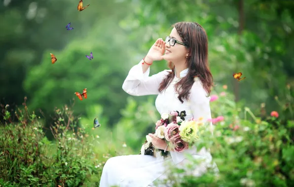 Picture butterfly, flowers, smile, clothing, Girl, Asian