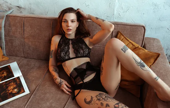 Look, sexy, pose, model, panties, makeup, figure, tattoo