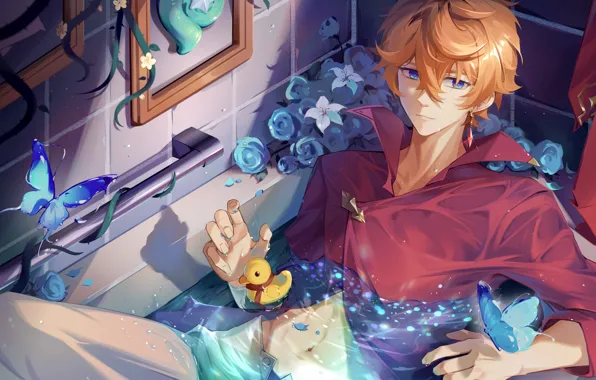 Guy, Genshin Impact, Tartaglia, bathroom, duck, butterfly