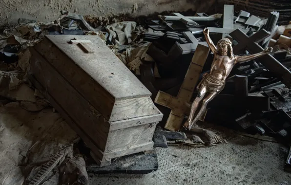 The coffin, cellar, the crucifixion