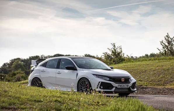 White, Honda, hatchback, on the road, the five-door, 2019, Civic Type R, 5th gen