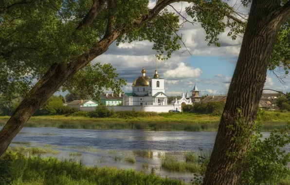 Picture trees, landscape, nature, river, Great, Bank, Yuri Kulakov, Spaso-Kazan Simansky Monastery