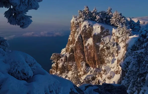Picture winter, snow, rock, mountain, Russia, Crimea, The Crimean mountains