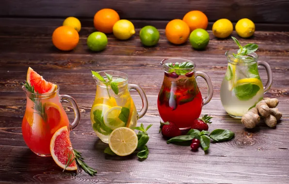 Picture lemon, strawberry, drinks, mint, grapefruit, fresh, lemonade, ginger