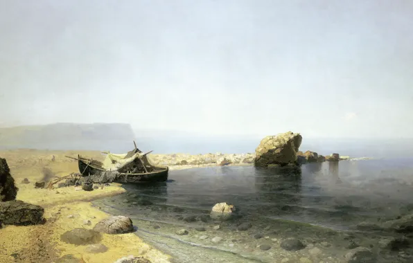 Picture landscape, fog, stones, clear water, boat, oil, canvas, Ruthin Sadkowski