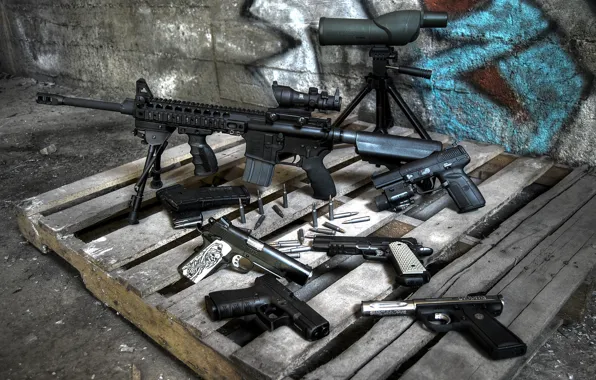 Weapons, guns, cartridges, rifle, assault, pallet