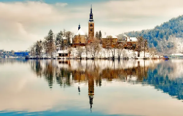Picture winter, snow, mountains, lake, reflection, island, Church, Slovenia