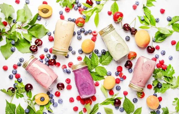 Picture cherry, berries, raspberry, jars, yogurt, smoothie