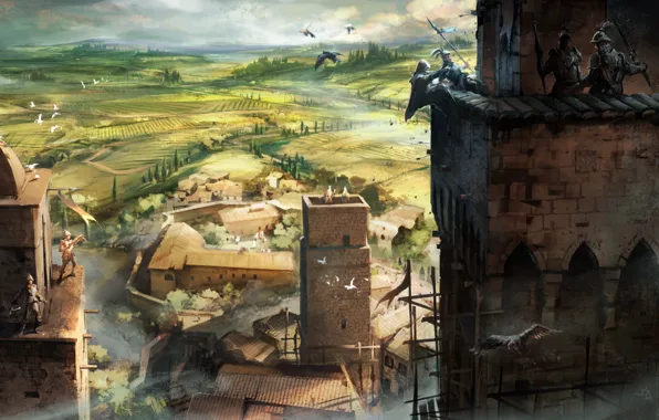 Castle, village, crows, battle, the middle ages