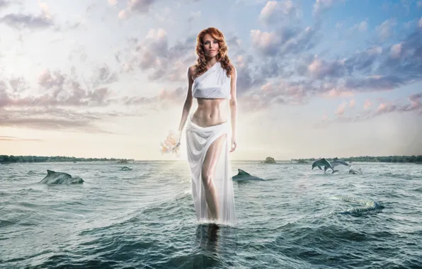 Water, girl, dolphins