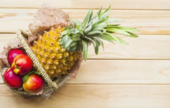 Apples, pineapple, basket, wood