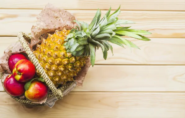 Picture apples, pineapple, basket, wood