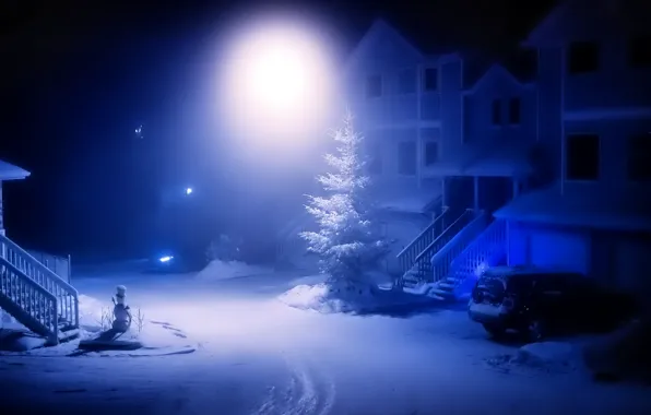 Picture machine, light, snow, tree, Winter, yard, lantern, snowman