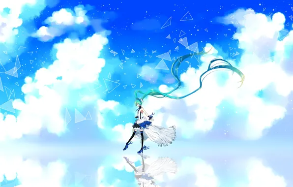 Picture the sky, girl, clouds, smile, reflection, art, vocaloid, hatsune miku
