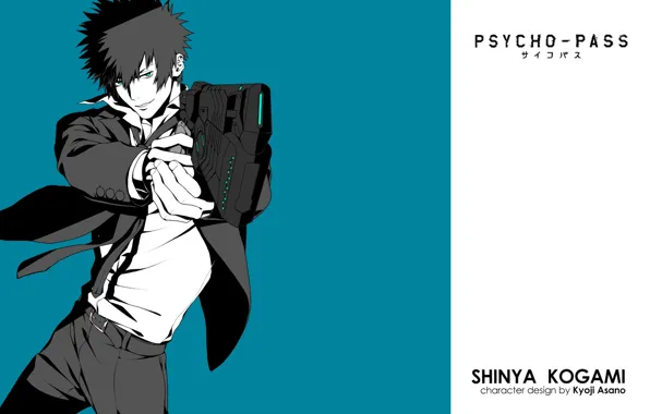 Gun, costume, tie, guy, grin, blue background, psycho-pass, psycho-passport