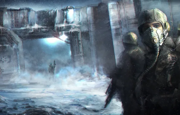 Snow, weapons, art, soldiers, base, gas mask