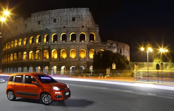 Road, night, lights, Panda, Colosseum, Italy, the front, Rome
