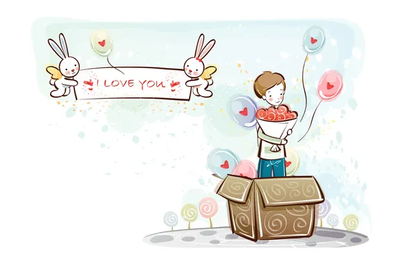 Balls, box, heart, figure, bouquet, boy, rabbits, love