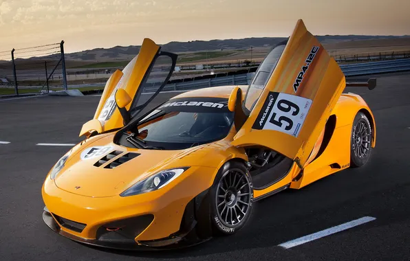 Yellow, McLaren, yellow, GT3, MP4-12C, open doors, McLaren, door-butterfly