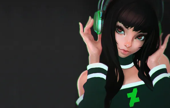 Hands, headphones, Brunette, grey background, shoulders, Ilya Kuvshinov