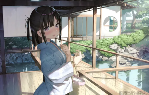 Japan, girl, bag, yukata, veranda, hot springs, by kantoku