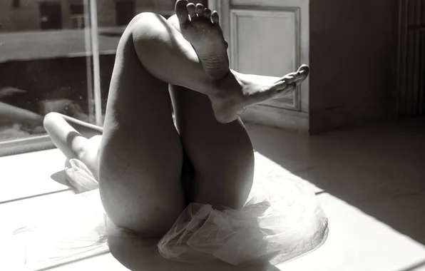 Girl, light, black and white, shadow, window, floor, view